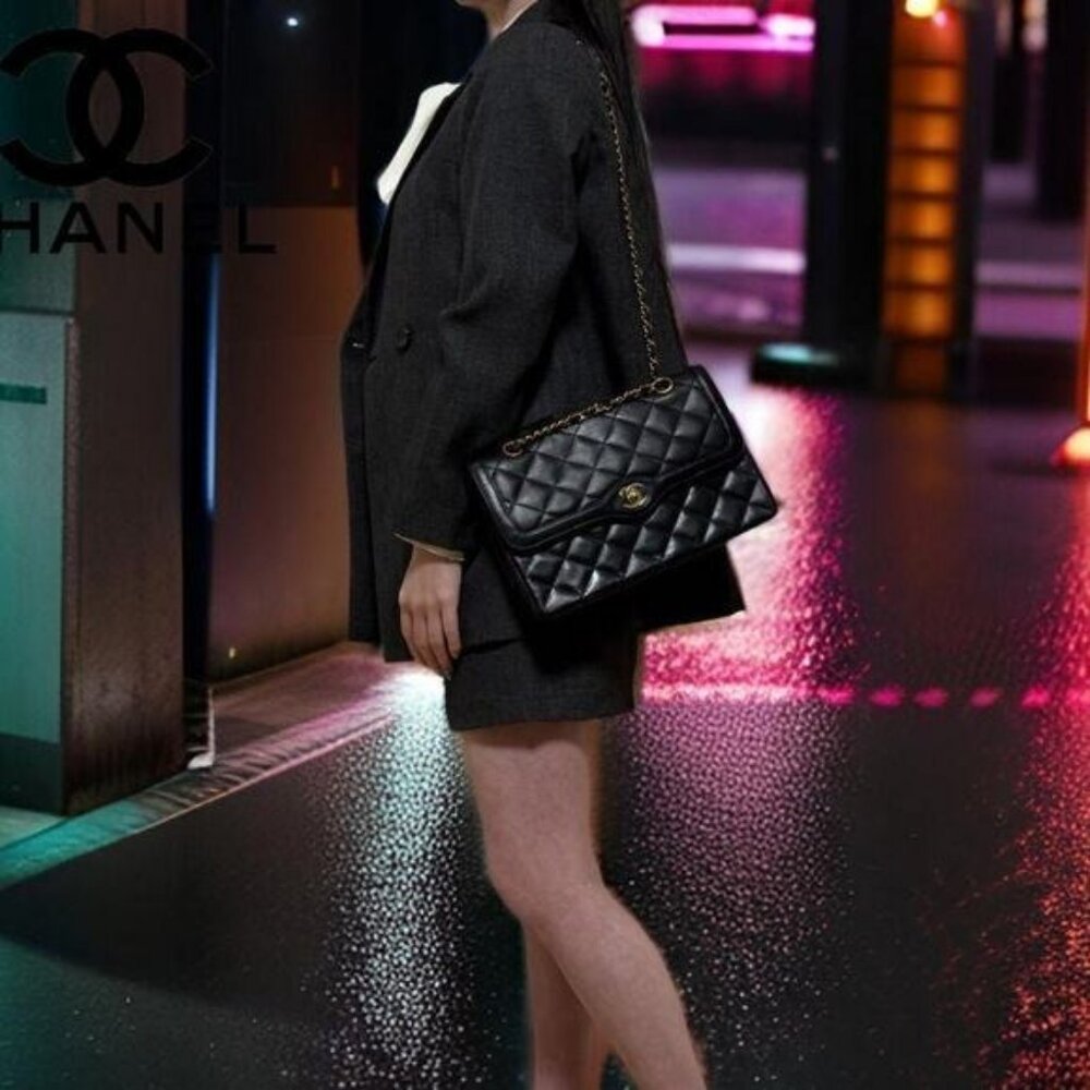 Authentic CHANEL CC Paris Limited Double Flap Bag Lambskin Matelasse Chain Black - Picture 3 of 14